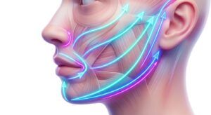브이라인 리프팅의 개념을 설명하는 학술적 3D 일러스