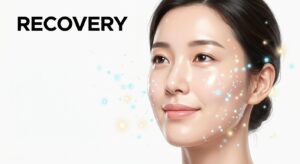 필러 시술 후 진정 및 회복 과정을 상징하는 투명한 피부결의 모델과 수분감 표현