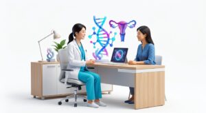 산부인과 의사와 환자가 차분한 분위기에서 상담하는 3D 일러스트